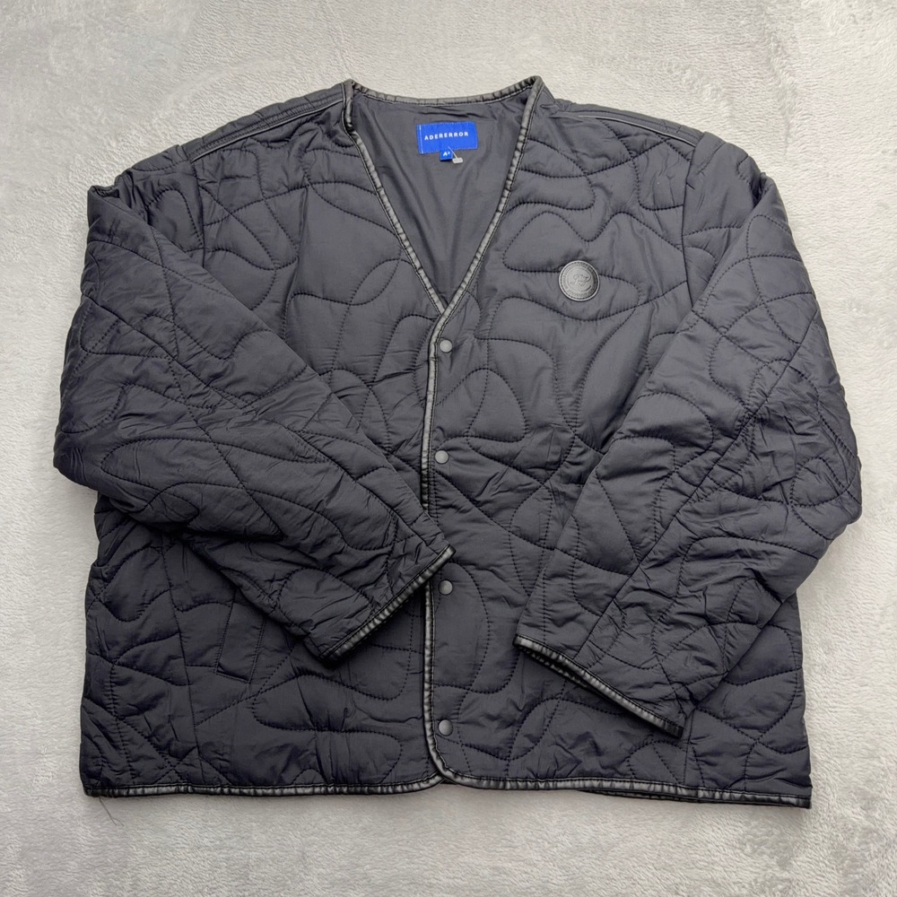 ADER ERROR Quilted Jacket Womens A3 Black Padded Liner Abstract Wavy Stitch Snap